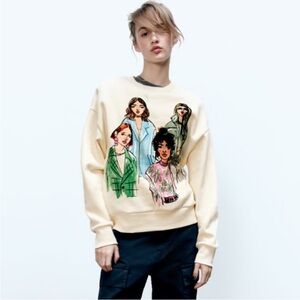 Zara Cool Girls Rare Graphic Illustration Print Crewneck Sweatshirt Pullover